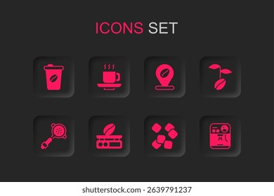 Set Electronic coffee scales, Coffee cup, to go, Sugar cubes, beans, machine, Location with and filter holder icon. Vector