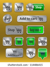 Set of electronic commerce signs on shiny metallic and glossy plastic web elements for online shopping web interface. Vector illustration