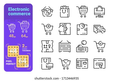 Set electronic commerce simple lines icons of shop delivery. Concept collection modern symbols for online market, internet, ad, web. Pixel perfect. Vector illustration.