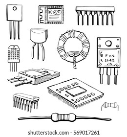 Set of electronic components: transistor, inductor, microchip, sensor, wi-fi module, cpu, resistor, microprocessor isolated on white background. Vector illustration in a sketch style.