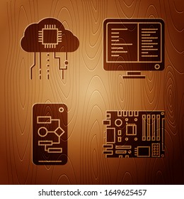 Ajuste componentes electrónicos de computadora placa madre chip digital, Internet de cosas, Algoritmo y pantalla de monitor de ordenador en fondo de madera. Vector