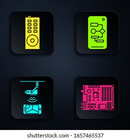 Set Electronic computer components motherboard digital chip, Remote control, Wireless Controlling CCTV security camera and Algorithm. Black square button. Vector