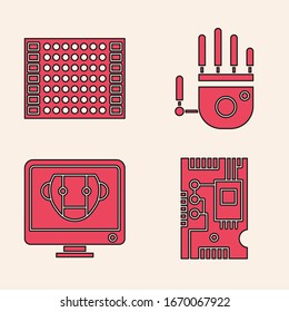 Ajuste componentes electrónicos tarjeta madre chip digital, tarjeta de circuitos impresos PCB, mano de robot mecánico e icono Bot. Vector