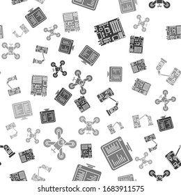 Set Electronic computer components motherboard digital chip, Computer monitor screen, Industrial machine robotic robot arm hand and Drone flying with action camera on seamless pattern. Vector