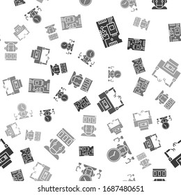Set Electronic computer components motherboard digital chip, Robot and digital time manager, Assembly line and Robot on seamless pattern. Vector