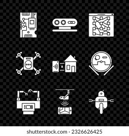 Establezca componentes electrónicos de la computadora motherboard chip digital, línea de ensamblaje, cámara de seguridad CCTV de control inalámbrico, robot, vuelo de drones con acción e icono de hogar inteligente. Vector