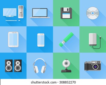 Set of electronic and computer devices flat icons.  Vector illustration.