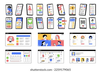 Set für die Konstruktion elektronischer Geräte. Sammlung von Schnittstellen für Programme und Software. UI und UX. Smartphone, Laptop und Tablet, PC. Cartoon-FlachVektorgrafiken einzeln auf weißem Hintergrund