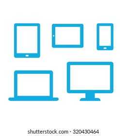 Set of electronic device icons: smartphone, tablet, ebook, laptop and desktop computer. Minimalistic vector illustration.