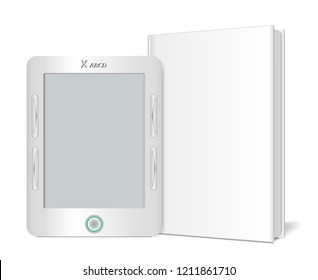 Set of electronic device for reading text and traditional paper book isolated on white background. Mockup for your design. Vector illustration.