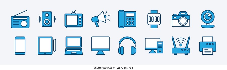 Set of electronic device and technology icon vector. Contains computer, mobile, laptop, monitor, tablet, radio, speaker, television, megaphone, phone, smart watch, cctv camera, router, printer