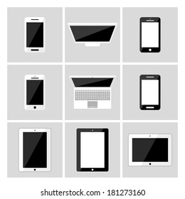 set of electronic devices with blank screens. smartphones, tablets, laptop. vector eps10