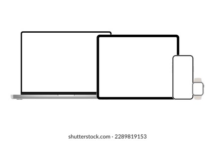 Set of Electronic Devices With Blank Screens. Laptop, Tablet, Smartphone, Smart Wrist Watch. Vector Illustration