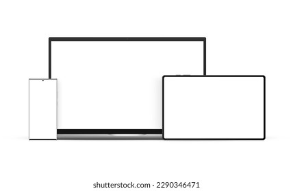 Set of Electronic Devices With Blank Screens. Laptop, Horizontal Tablet, Frameless Smartphone. Vector Illustration