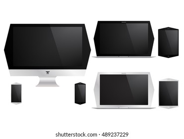 Set of electronic devices. Computer monitor, laptop, tablet, smart phone isolated on white background. Vector illustration.
