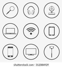 Set of electronic devices and computer technology round icons 