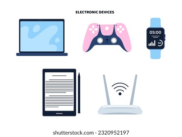 Set of electronic devices concept. Smart watch, laptop, joystick, wifi router and tablet with pen. Modern technologies and digital world. Cartoon flat vector collection isolated on white background