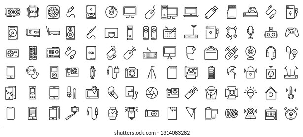 Set Of Electronic Devices Flat Thin Line Icons Vector; Electronic Appliances; Mobile Accessories; PC Upgrading Components; Smart Home Devices