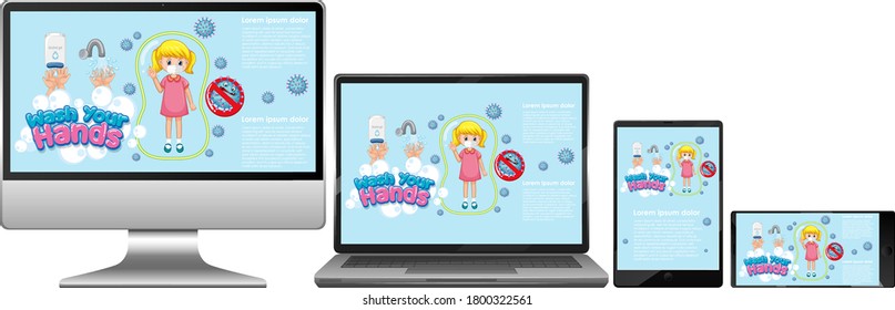Set of electronic devices with hand wash on screen illustration