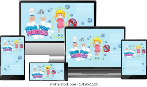 Set of electronic devices with hand wash on screen illustration