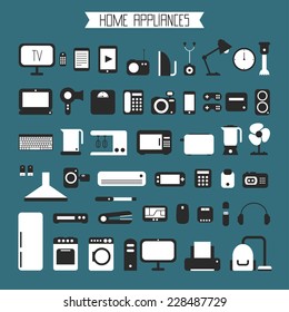 Set of electronic devices and home appliances colorful icons in flat style. Template vector elements for web and mobile applications.