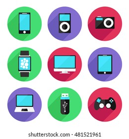 Set of electronic devices icon flat color style. Vector Illustration 