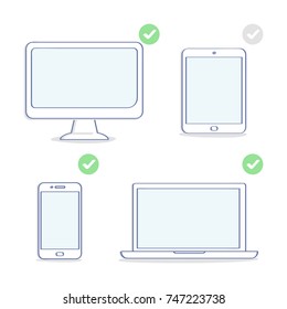 Conjunto de ícones de dispositivos eletrônicos: exibição de computador, laptop, tablet, smartphone. Resoluções diferentes, tamanhos de tela. Elemento de conjunto de UI de contorno plano, design de ilustração de qualidade premium para site ou aplicativo.