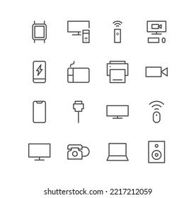 Set of electronic and devices icons, smart speaker, video camera, monitor, phone, smart watch, cable and linear variety vectors.