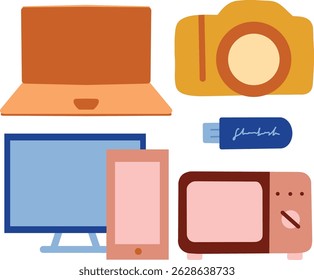 Conjunto de dispositivos eletrônicos, incluindo laptop, câmera, monitor, smartphone e micro-ondas