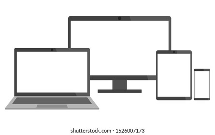 Set of electronic devices - laptop, desktop computer, tablet and smart phone