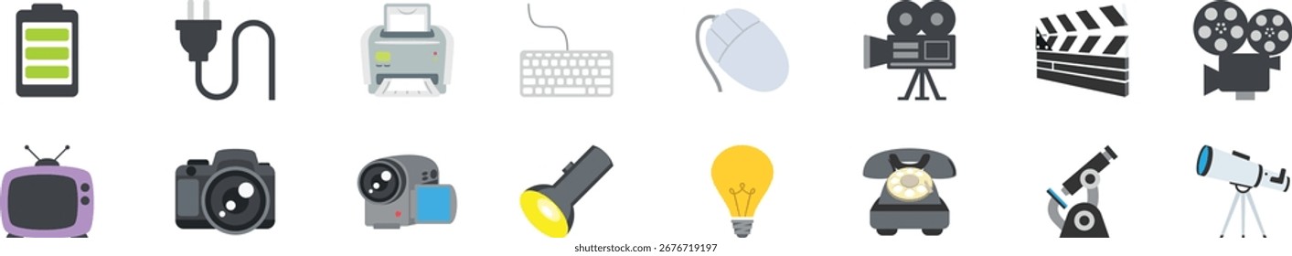 Set of electronic devices, office equipment, and technology icons. Includes gadgets for communication, science, photography, and entertainment. Modern flat design vector collection.