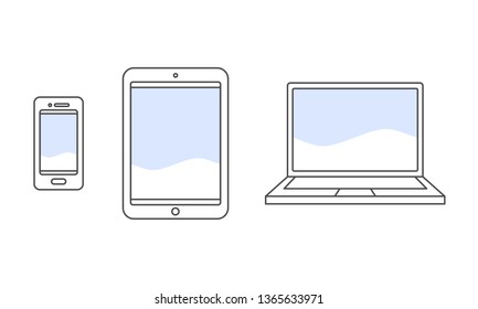 Set of electronic devices on board the aircraft. mobile phone, electronic tablet, laptop, computer. sign, symbol, logo, line icon. flight mode. Vector illustration.