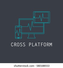 Set of electronic devices use cross-platform. Smartphone, tablet and desktop computer.