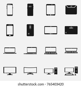 Set of electronic devices vector icons. Includes such elements as PC, monitors, laptops, mobile phones, tablets front and back side view.