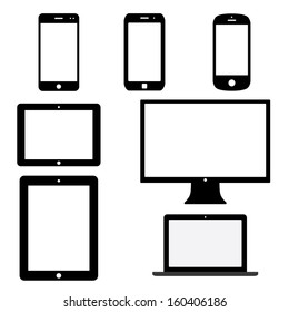 set of electronic devices with white blank screens. smartphones, tablets, computer monitor, notebook. vector eps8