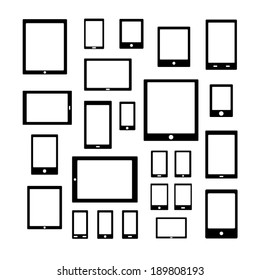 Set of Electronic Devices with white blank screens. smartphones, tablets, computer monitor, notebook. Vector with Black and white.