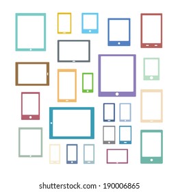 Set of Electronic Devices with white blank screens. smart phones, tablets, computer monitor, notebook. Vector with Color.
