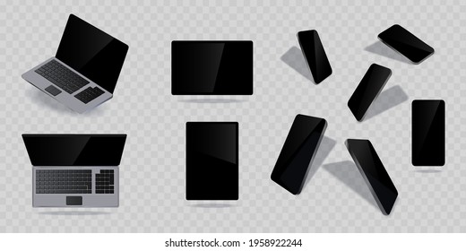 Stellen Sie elektronische digitale Geräte ein. Smartphone, Laptop, Tablet. Blank Screen Gadgets Präsentation für Ihre Benutzeroberfläche, UX Design. Gerätespickups mit isometrischen Ansichten