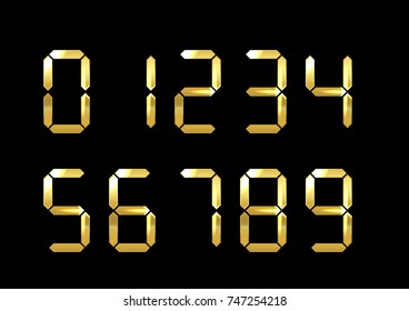 Set of electronic digits. Gold glittering numbers on black background.