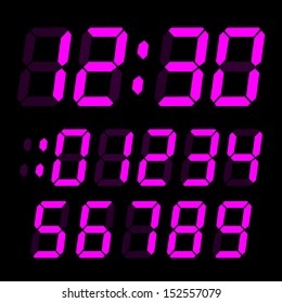 set of electronic digits. purple numbers on black background