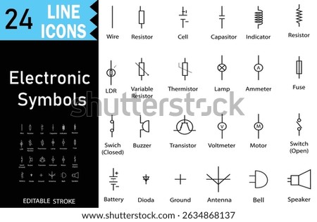 Set of electronic and electric circuit symbols diagrams used in Physics education scienice