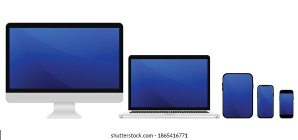 Conjunto de equipos electrónicos, ordenador portátil, smartphone aislado en fondo blanco. Vector gráfico