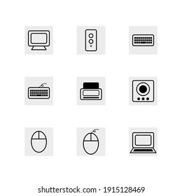 set of electronic equipment icons. in the form of monitors, CPUs, laptops, PCs, keyboards, mice and speakers