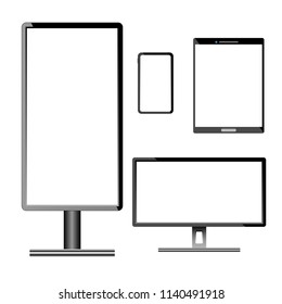 Set of Electronic equipment with White screen isolated on white background, vector illustration.