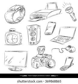 Set of electronic gadget in sketch. Vector camera, notebook, printer, smartphone and other technology devices