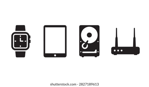 A set of electronic gadgets featuring a smartwatch, smartphone, hard drive, and wireless router, highlighting modern technology and connectivity tools.