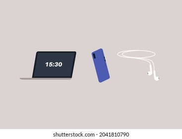 A set of electronic gadgets, a laptop, a mobile phone, and earphones