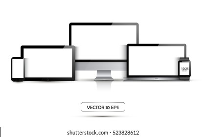 Set of electronic gadgets. Smatrphone, tablet PC, all-in-one PC, laptop, smart watch. Vector illustration, eps 10.