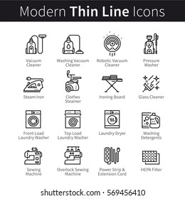 Set of electronic home household appliances, devices and technology. Housework, cleaning, vacuuming & laundry washing machines. Thin black line art icons. Linear style illustrations isolated on white