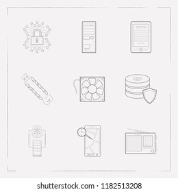 Set Of Electronic Icons Line Style Symbols With Real Time Location, Data Protection, Radio And Other Icons For Your Web Mobile App Logo Design.